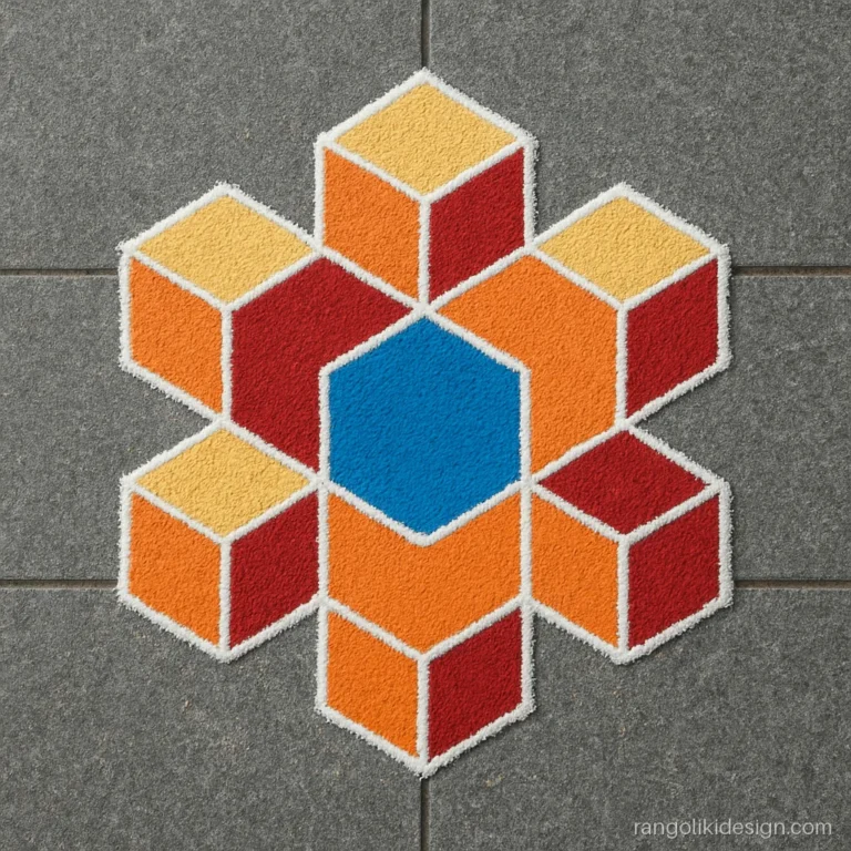 3D effect rangoli design with cubes forming a six point star