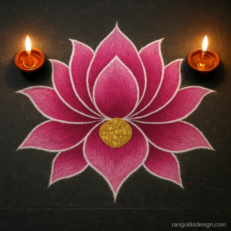 3D lotus rangoli design with pink petals shaded dark to light