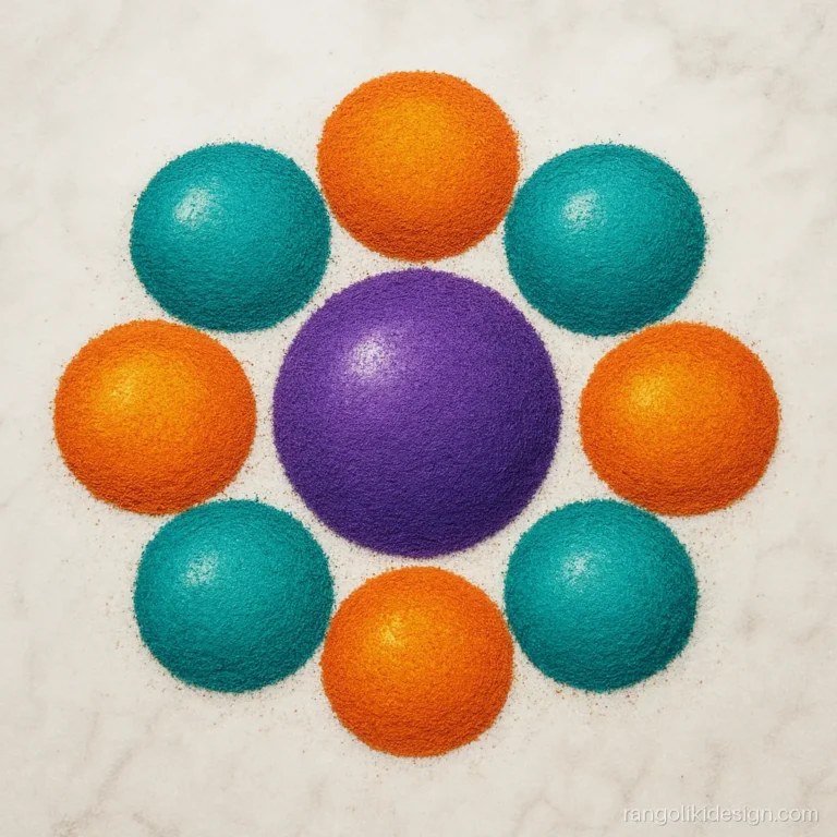 Easy 3D rangoli design with shaded sphere petals around a centre