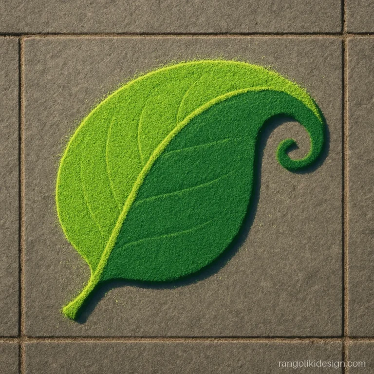 3D rangoli designs easy and beautiful with a curled green leaf