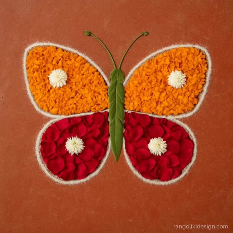 Diwali flower butterfly rangoli designs made with real marigold and rose petals