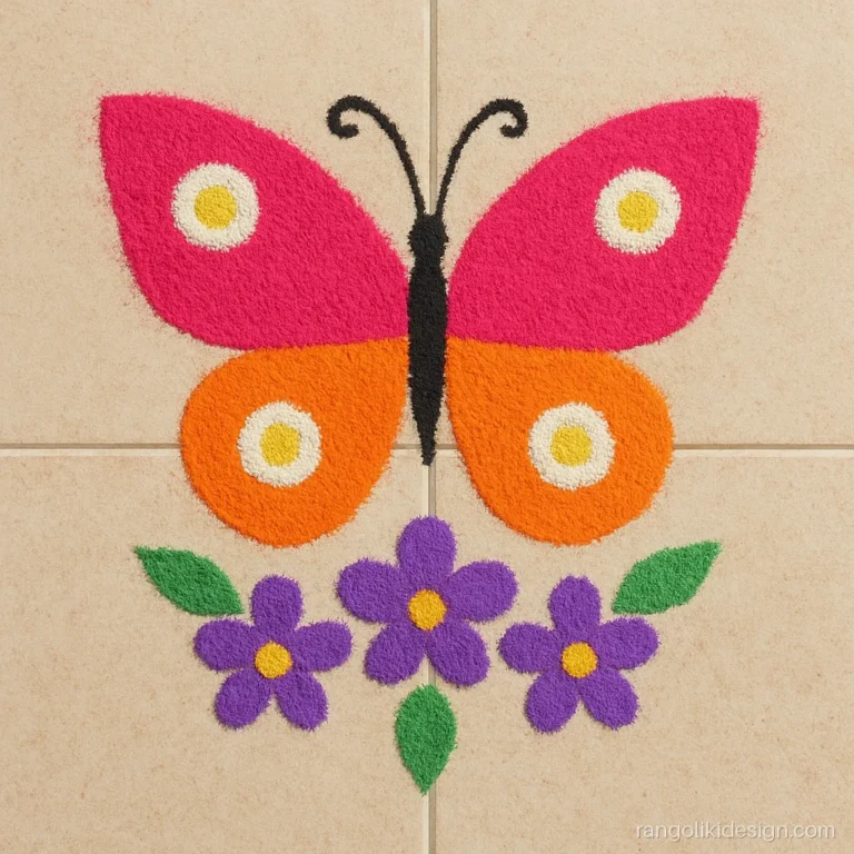 Flower butterfly rangoli design with pink and orange wings among small flowers