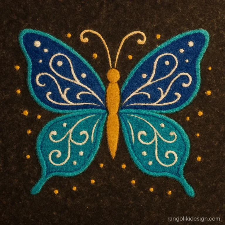 Free hand butterfly rangoli design with blue swirl wings on a dark floor