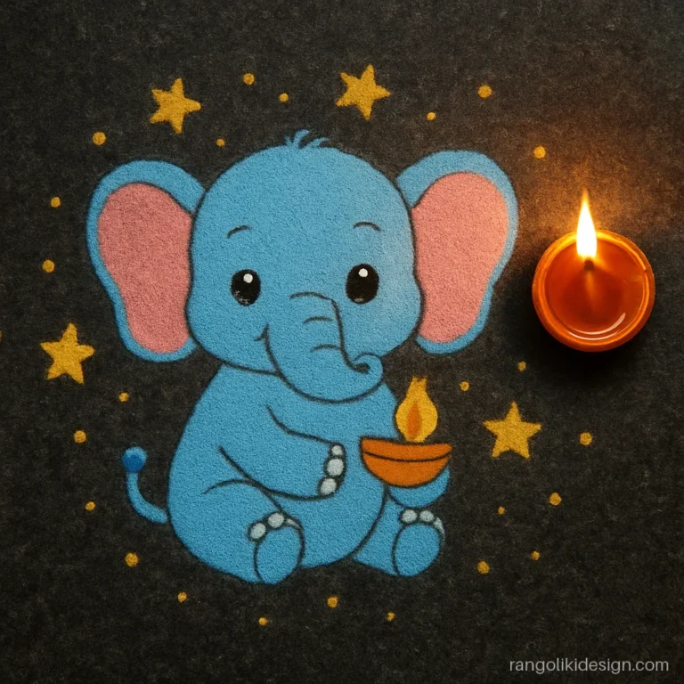 Cartoon rangoli designs for Diwali with a baby elephant holding a diya