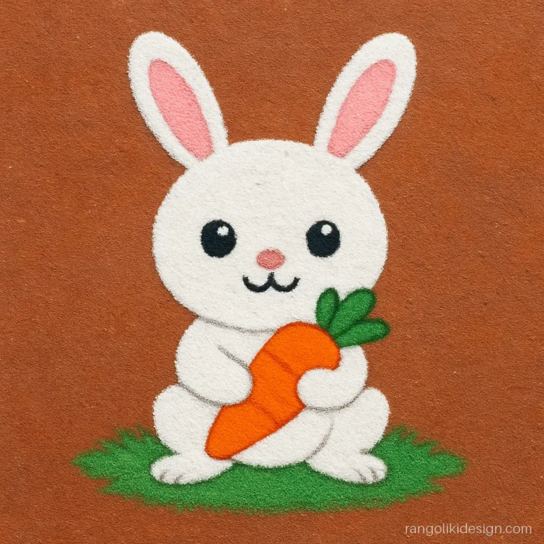 Easy cartoon rangoli design of a smiling white rabbit holding a carrot