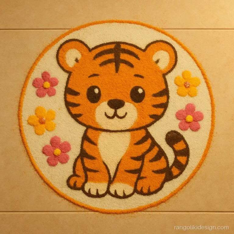 Simple cartoon rangoli design of a chubby tiger cub sitting among flowers