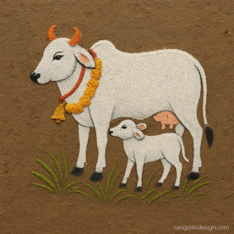 Animal rangoli design of a cow and calf with a bell and flowers