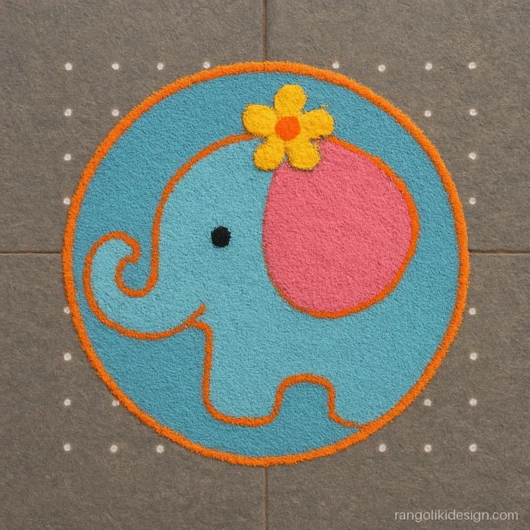 Easy elephant rangoli design with dots on a 9 by 9 dot grid