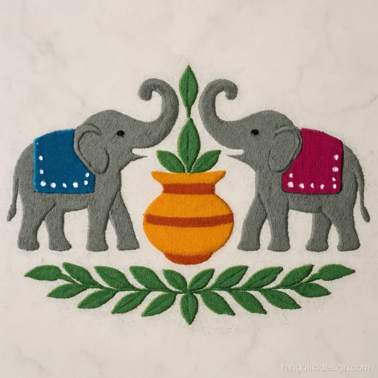 Elephant rangoli designs with two elephants raising trunks over a kalash