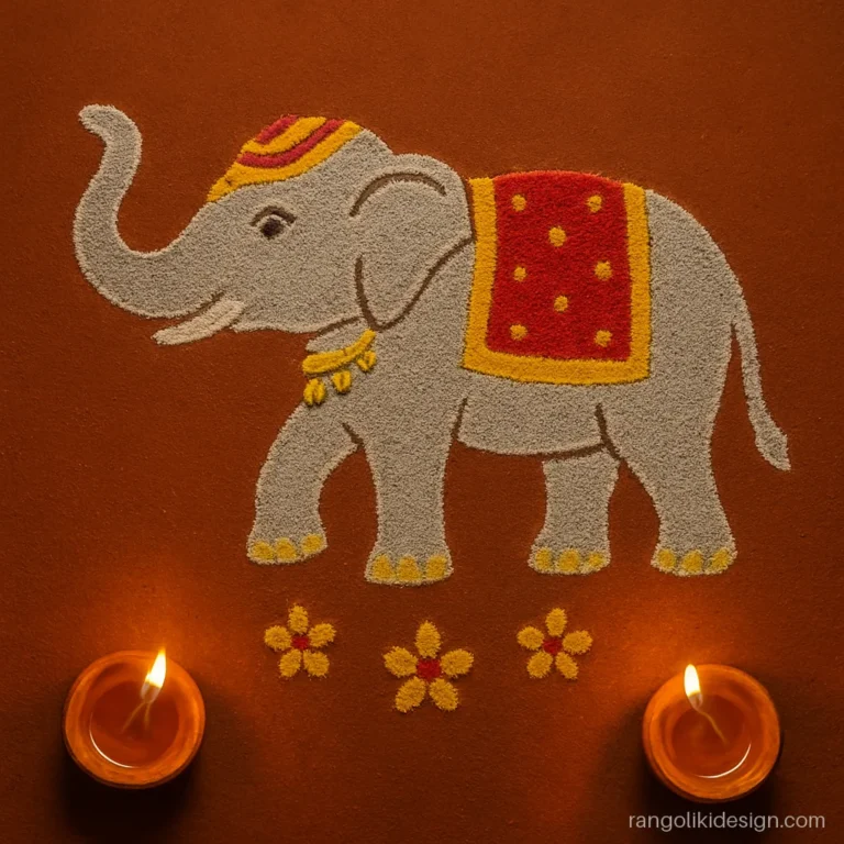 Traditional elephant rangoli design with a decorated saddle cloth and bells for Diwali