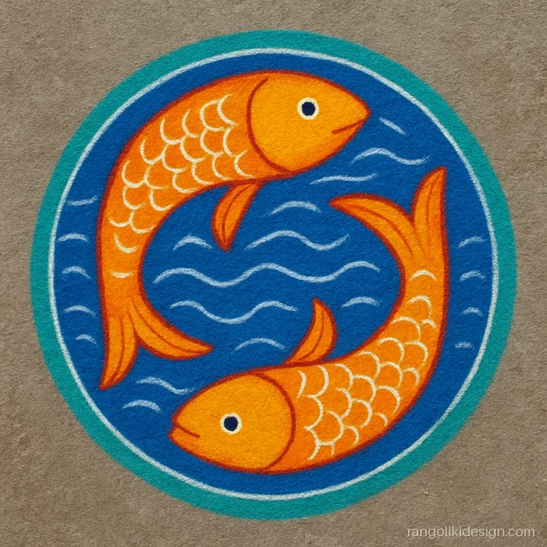 Easy fish rangoli design with two fish circling inside blue waves