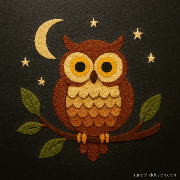 Owl rangoli design for Diwali sitting on a branch under a crescent moon