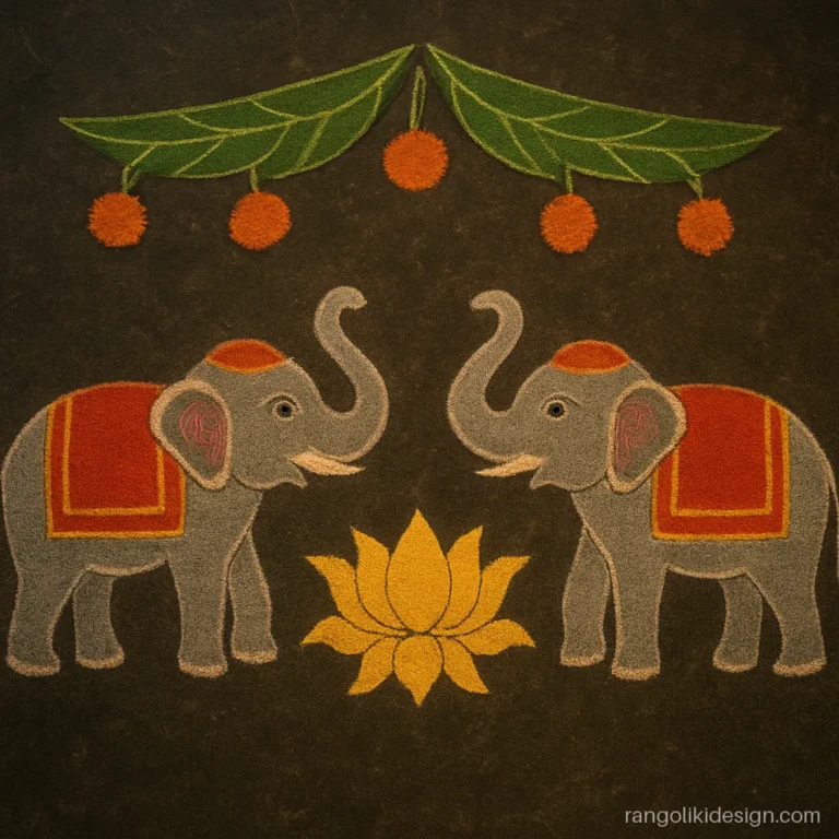 Big attractive rangoli design with two elephants under a mango leaf toran