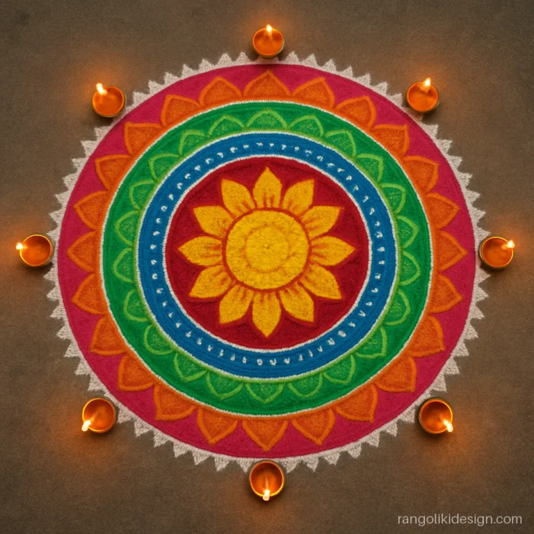 Big attractive rangoli design with an eight ring mandala in red, yellow and blue