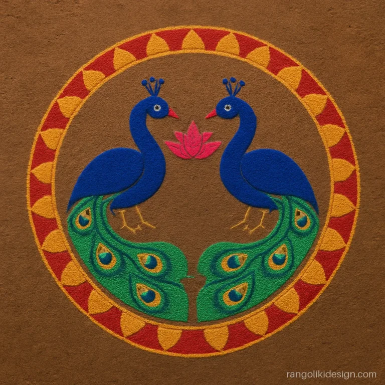 Attractive big rangoli design with two peacocks facing each other inside a circle