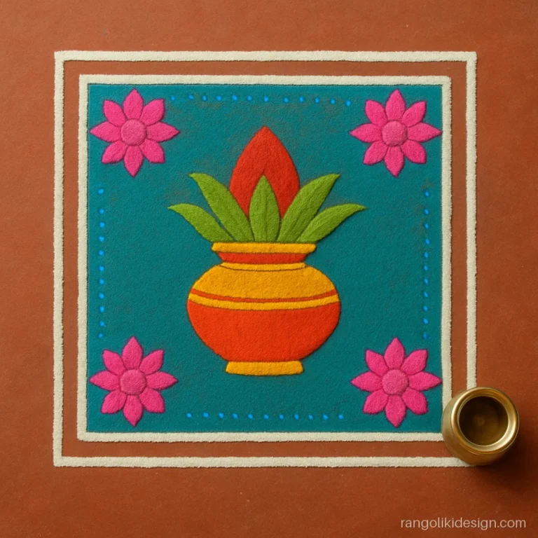 Big attractive rangoli designs with a brass kalash motif in a square chowk
