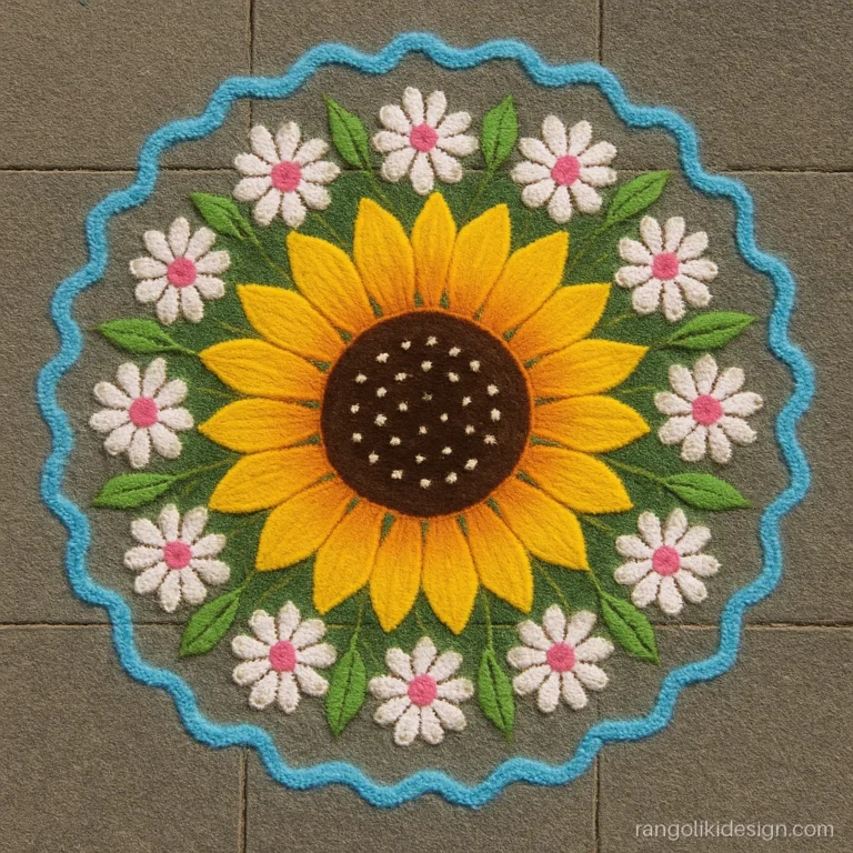 Attractive rangoli design with a big sunflower surrounded by small flowers