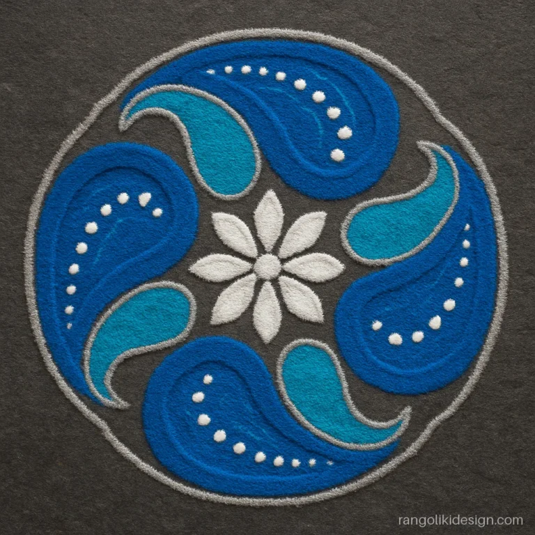 Beautiful and attractive rangoli designs with blue paisley and white dots