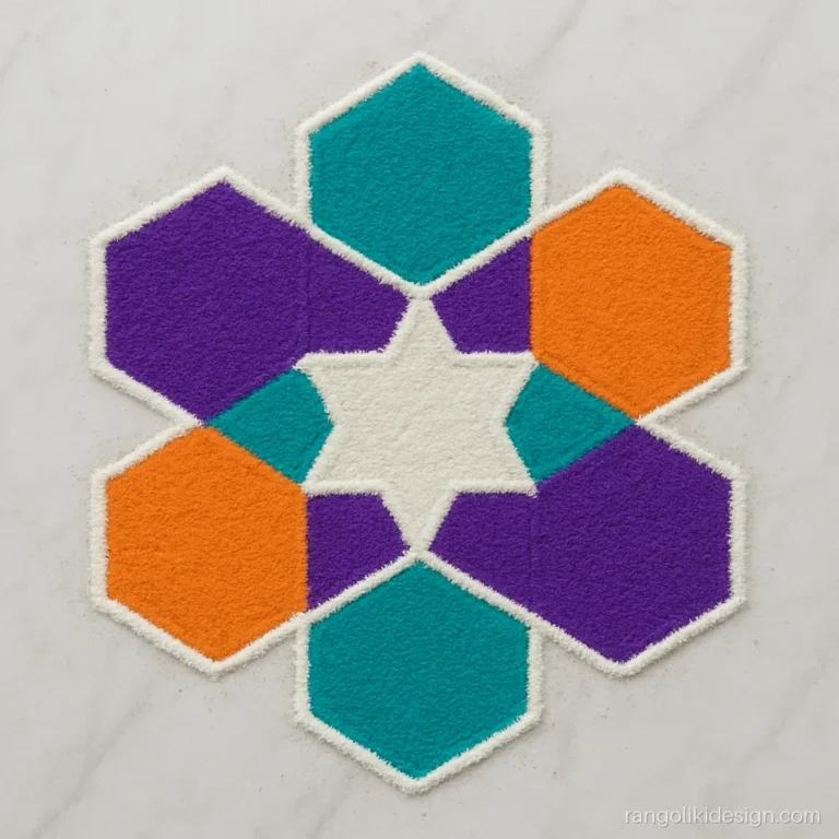 Attractive rangoli design with colourful hexagon tiles and a star centre