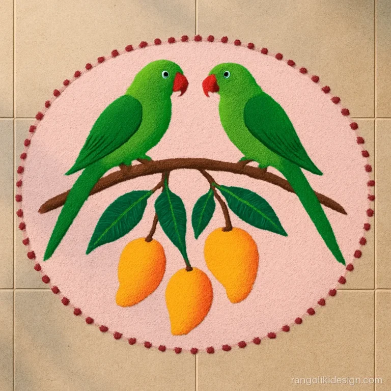Attractive rangoli designs with colours showing two green parrots on a mango branch