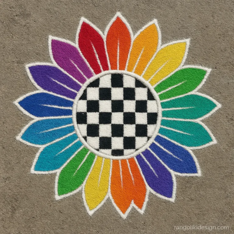 Attractive rangoli design with colours in a rainbow petal wheel