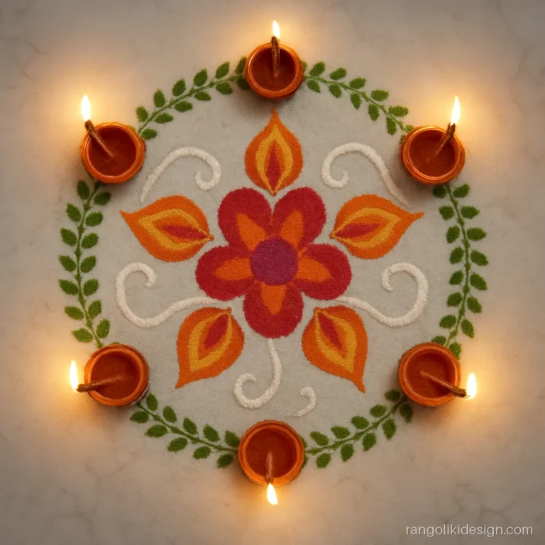 Attractive rangoli designs for Diwali with five painted diyas in a ring