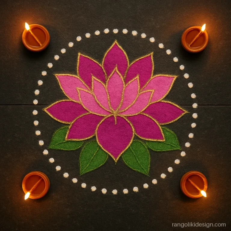 Attractive Diwali rangoli design with a glitter lotus and gold outline