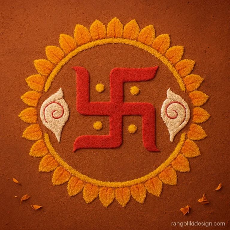 Attractive Diwali rangoli design with a red swastik and two white conch shells