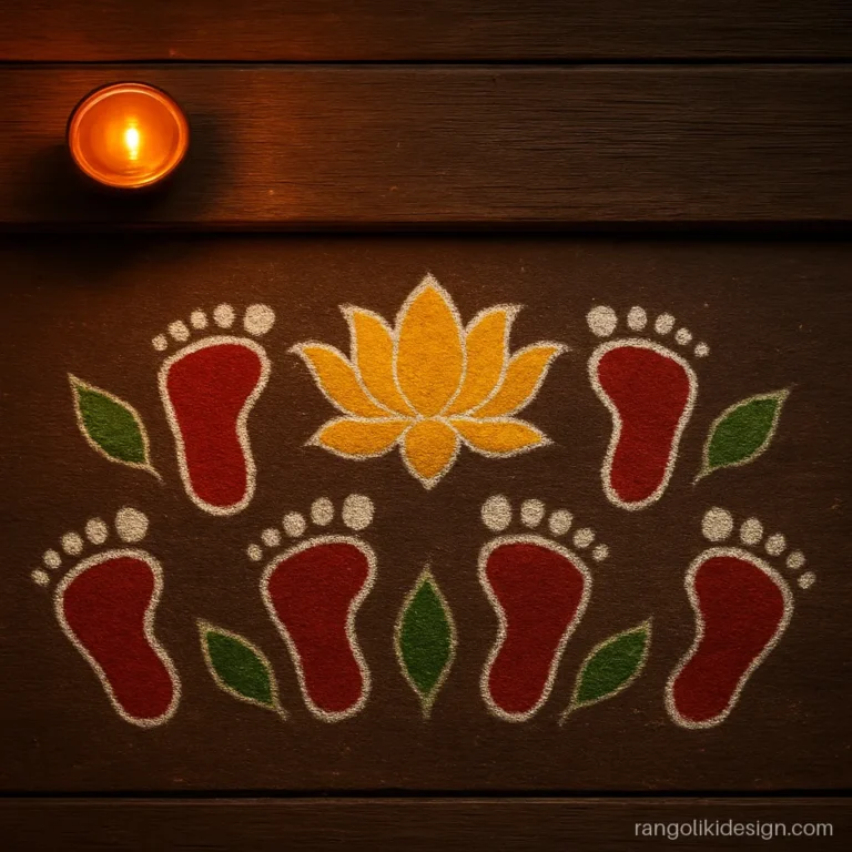 Attractive rangoli design with Laxmi charan footprints walking into the home