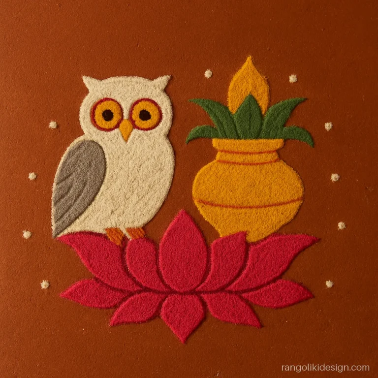 Attractive rangoli designs for Laxmi Pujan with a white owl beside a kalash