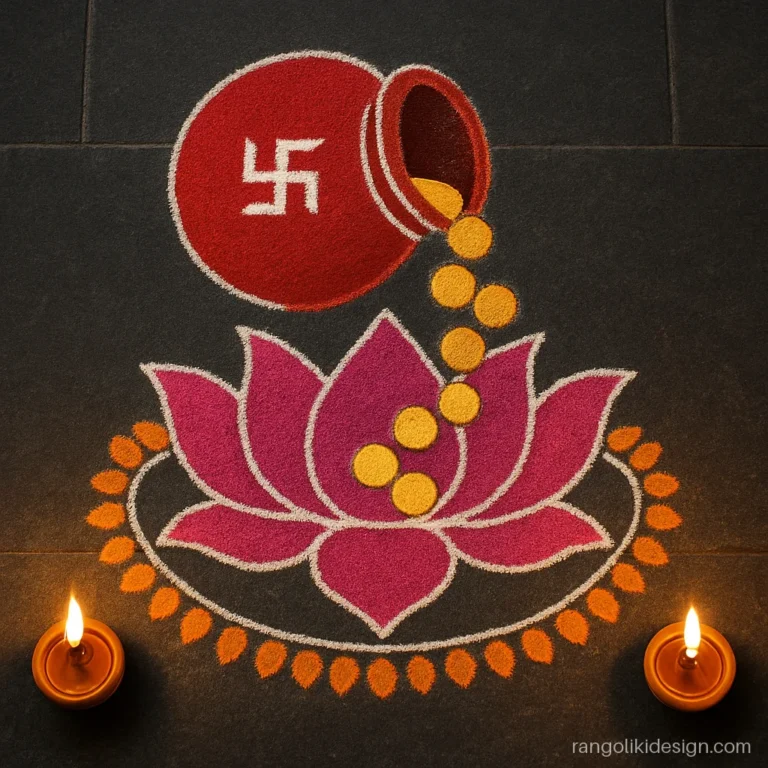 Attractive Laxmi Pujan rangoli design with a pink lotus and gold coins