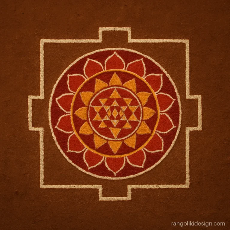 Attractive Laxmi Pujan rangoli with a red and gold square yantra style pattern