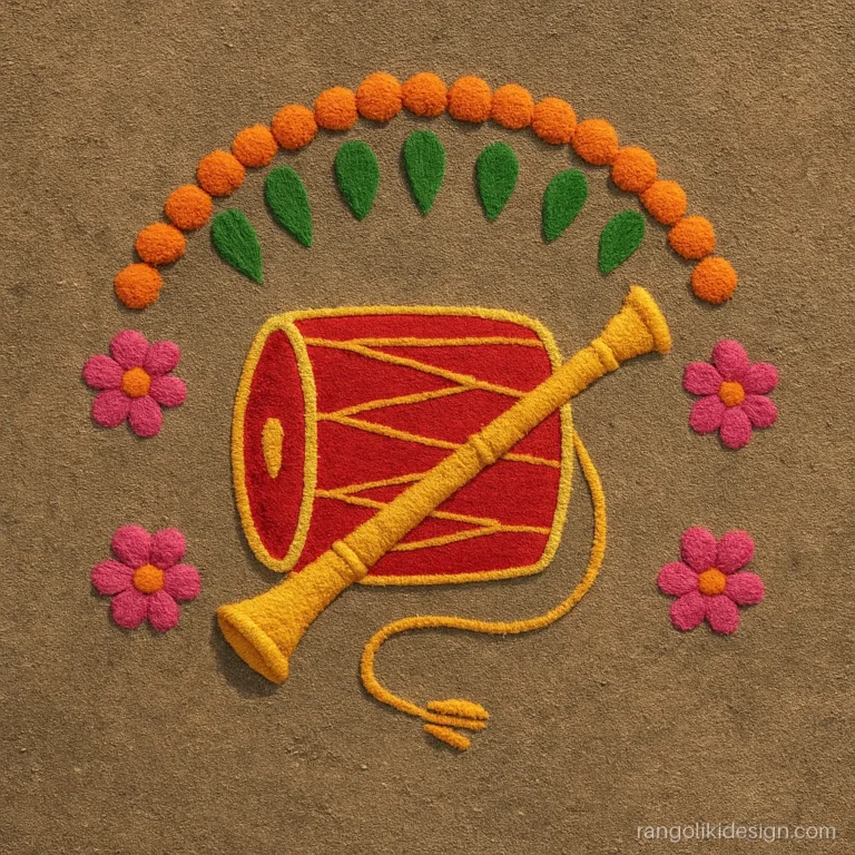 Attractive rangoli designs with a dhol and shehnai for a wedding entrance