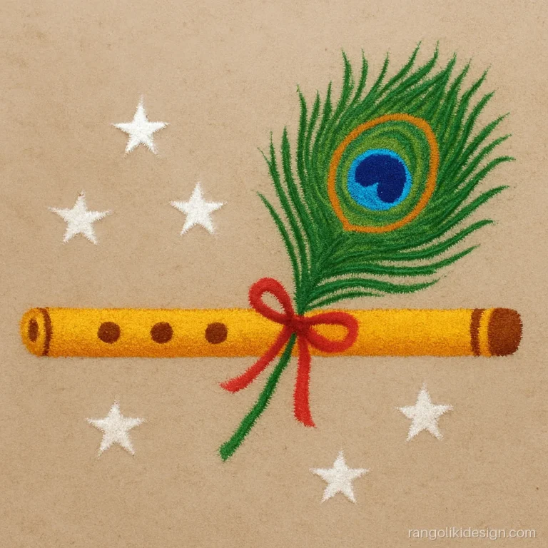 Simple attractive rangoli design with a flute and peacock feather