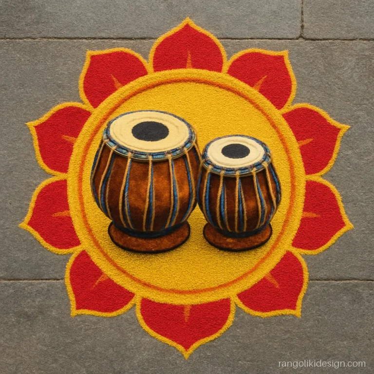 Attractive tabla rangoli designs showing a pair of tablas with a flower border