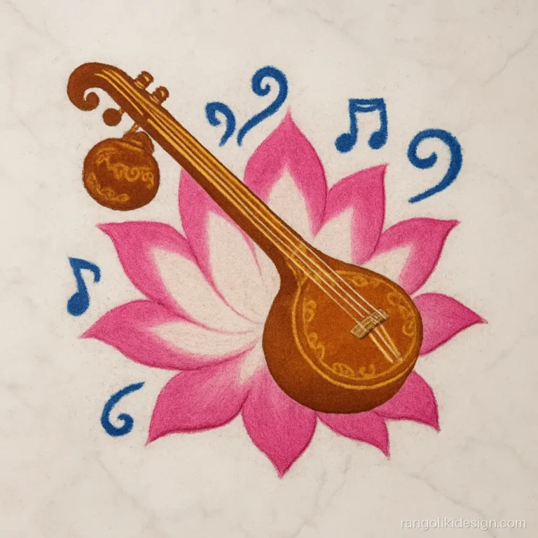 Attractive musical instruments rangoli design with a veena resting on a lotus