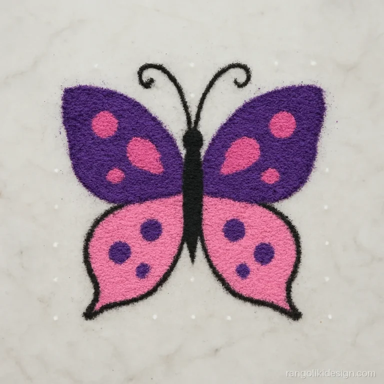 Simple attractive rangoli designs with a purple butterfly on a small dot grid