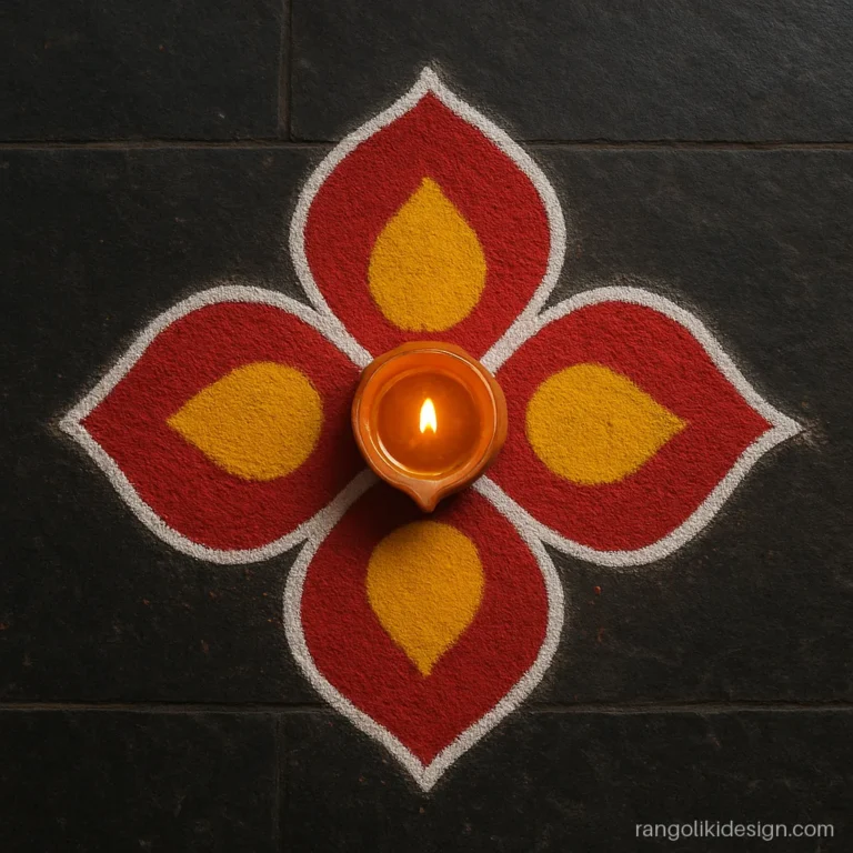 Easy attractive rangoli design with a clay diya inside four red petals