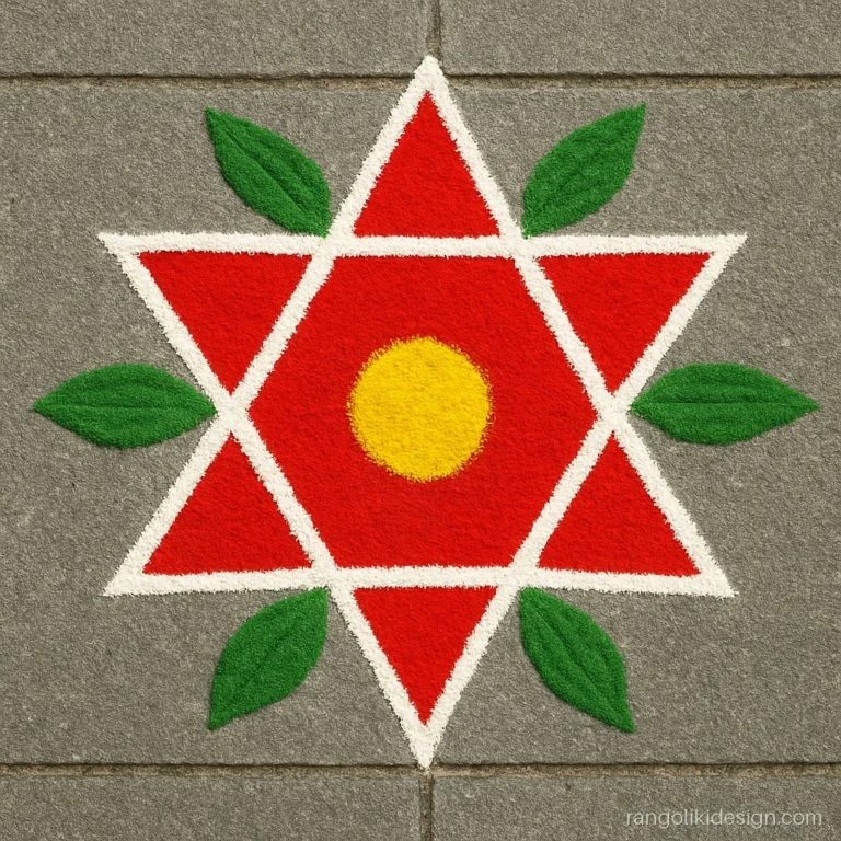 Simple and attractive rangoli designs with a six point star and green mango leaves