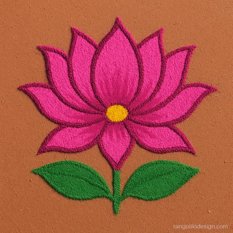 Simple attractive rangoli design with a pink lotus on a 7 by 4 dot grid