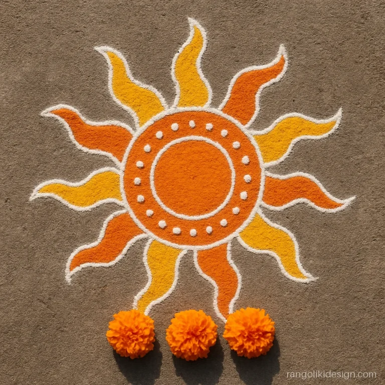 Easy and attractive rangoli design of an orange sun with twelve wavy rays