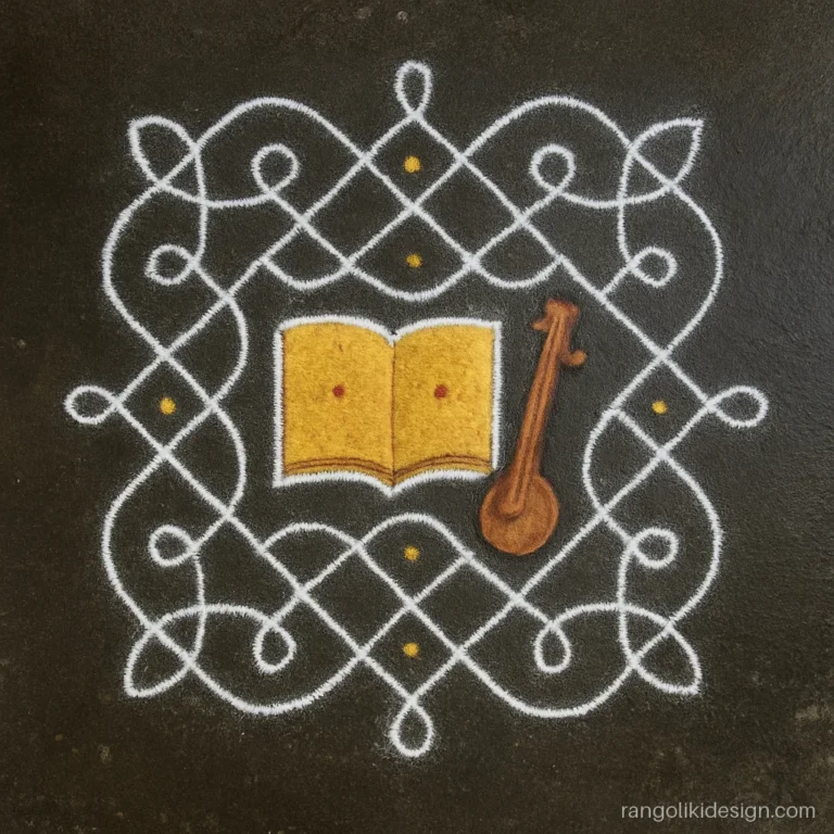 Ayudha pooja rangoli designs in kolam style with books and a veena in the centre