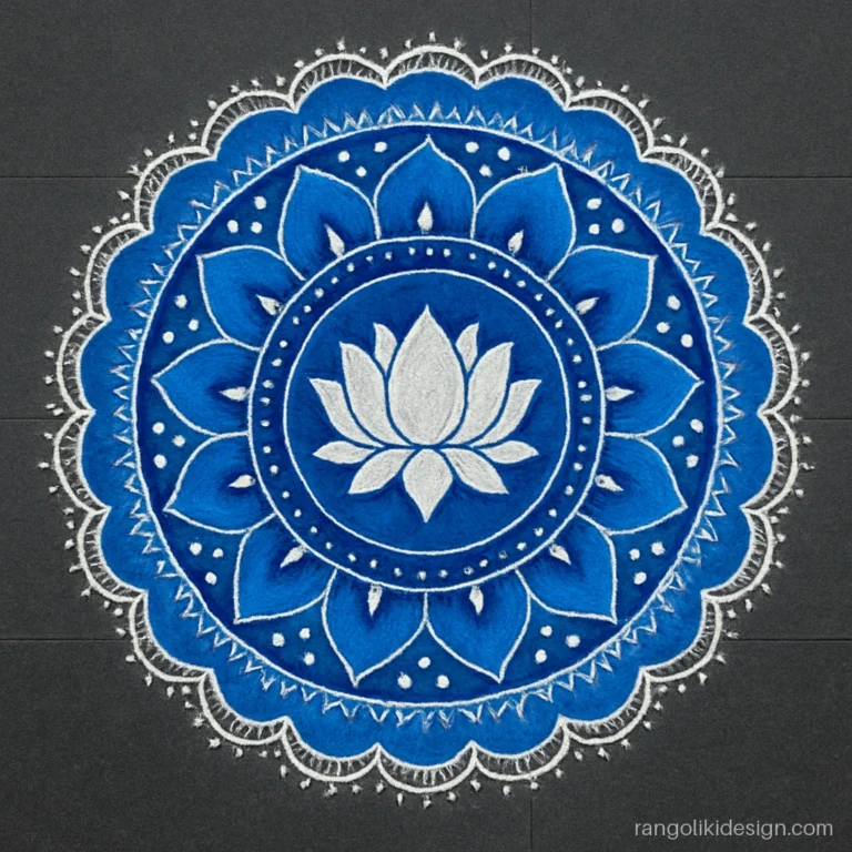 Beautiful rangoli designs with a big blue and white mandala