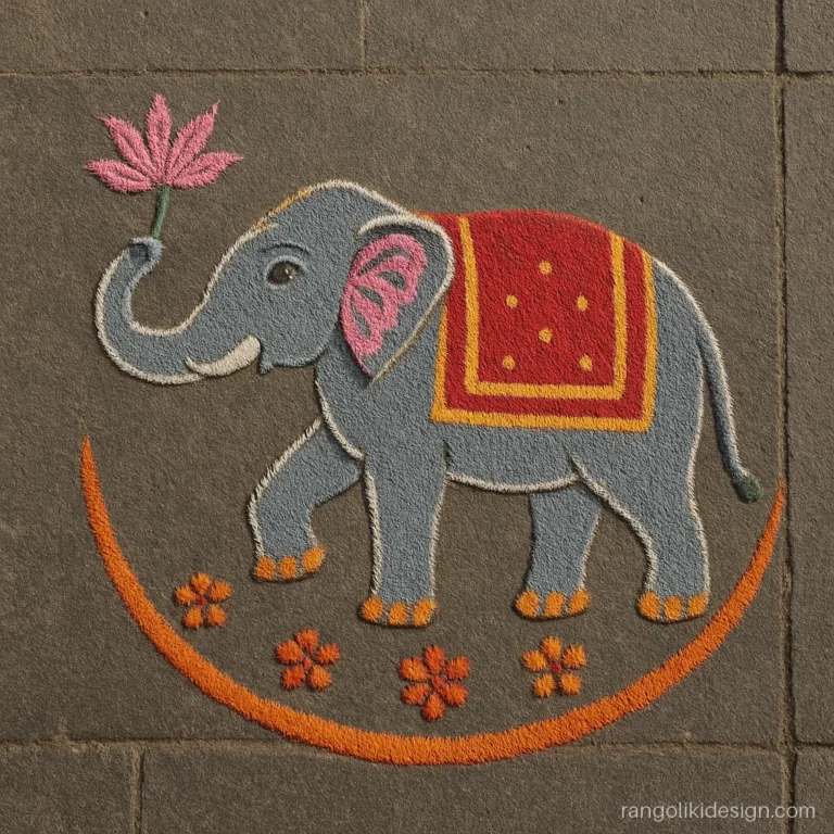 Very beautiful rangoli design with an elephant carrying a lotus