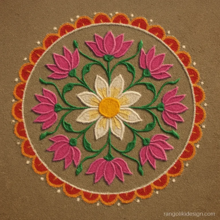 Big beautiful rangoli design with eight lotuses around a central flower
