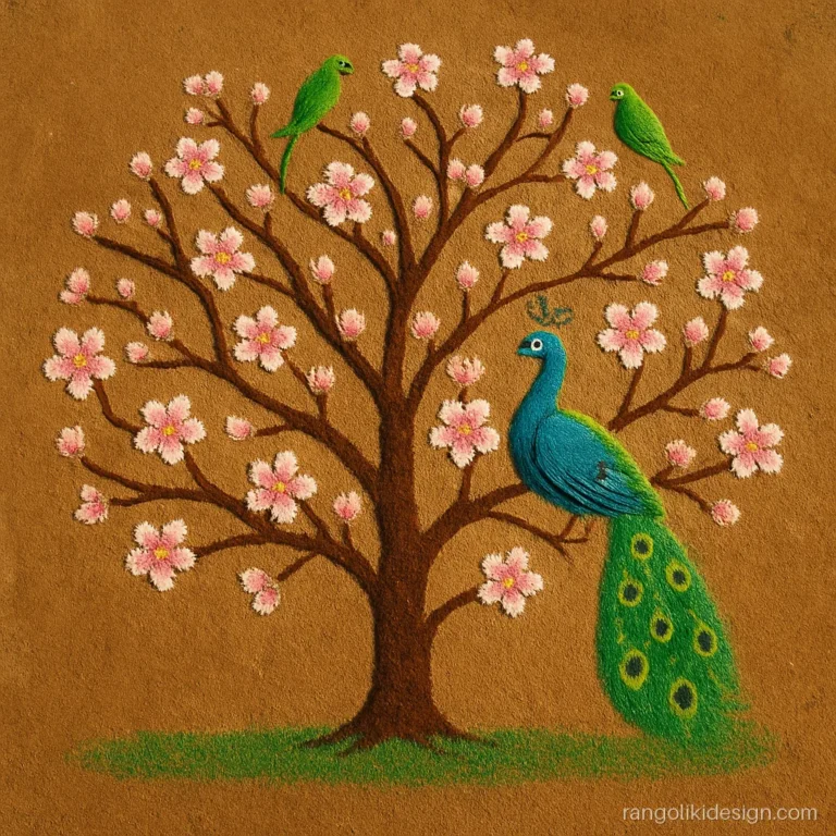 Big beautiful rangoli design of a peacock on a flowering tree
