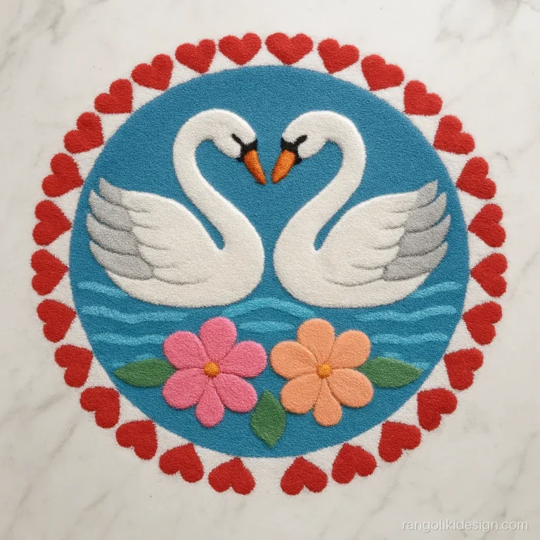 Beautiful new rangoli designs with two swans making a heart shape