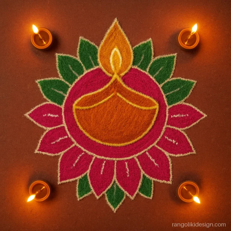 Beautiful Diwali rangoli design with a diya on a lotus in orange and pink