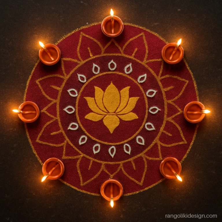 Most beautiful rangoli designs with a red and gold mandala for Diwali