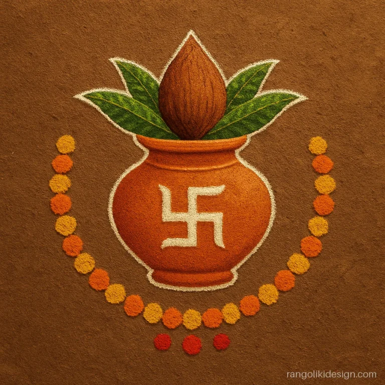 Beautiful rangoli designs for Diwali with a kalash and marigold garland